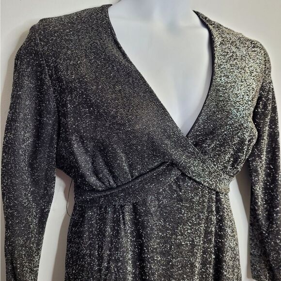 VINTAGE 70s silver sparkle long sleeve v-neck tie back maxi gown dress L - Picture 5 of 11